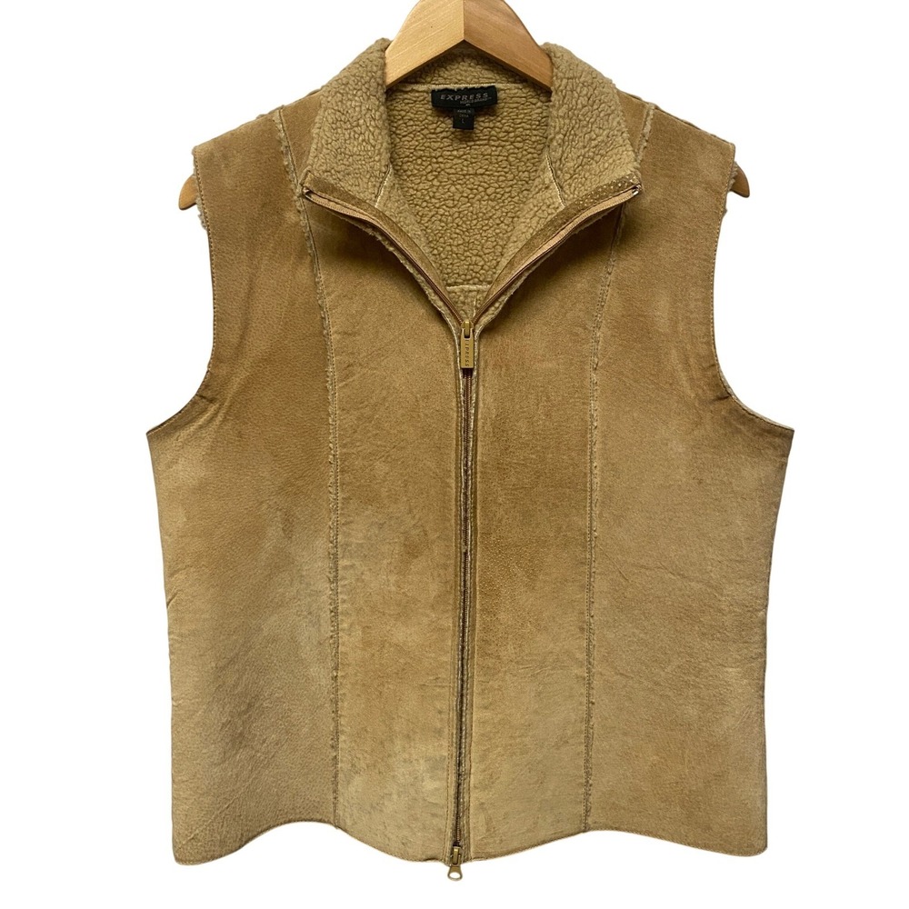 Vintage Y2K EXPRESS‎ Suede Sherpa Lined Zip Vest Tan Brown Women Size L Capsule